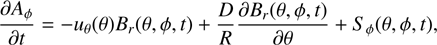 $$ \frac{\partial A_\varphi}{\partial t}=-u_\theta{(\theta)}B_r{(\theta,\varphi,t)}+\frac DR\frac{\partial B_r{(\theta,\varphi,t)}}{\partial\theta}+S_\varphi{(\theta,\varphi,t)}, $$