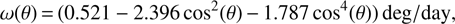 $$ \omega{(\theta)}={(0.521-2.396\;\cos^2{(\theta)}-1.787\cos^4{(\theta)})}\deg/\text{day,} $$