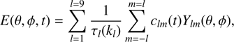 $$ E{(\theta,\varphi,t)}=\overset{l=19}{\underset{l=1}{\mathrm\Sigma}}\frac1{\tau_l{(k_l)}}\overset{m=l}{\underset{m=-l}{\mathrm\Sigma}}c_{lm}{(t)}Y_{lm}{(\theta,\varphi)}, $$