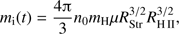 $ \begin{aligned} m_\mathrm{i}(t)= \frac{4{\uppi }}{3} n_0m_\mathrm{H}\mu R_\mathrm{Str}^{3/2} R_\mathrm{H\,II}^{3/2}, \end{aligned} $