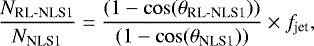 \begin{equation*}\frac{N_{\textrm{RL-NLS1}}}{N_{\textrm{NLS1}}} = \frac{(1-\cos(\theta_{\textrm{RL-NLS1}}))}{(1-\cos(\theta_{\textrm{NLS1}}))} \times f_{\textrm{jet}}, \vspace*{-6pt}\end{equation*}