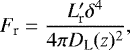\begin{equation*} F_{\textrm{r}} = \frac{L^{\prime}_{\textrm{r}}\delta^4}{4\pi D_{\textrm{L}}(z)^2},\end{equation*}