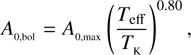 $$ A_{0,\mathrm{bol}}=A_{0,\max}{\left(\frac{T_\mathrm{eff}}{T_\mathrm K}\right)}^{0.80}, $$