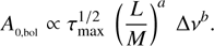 $$ A_{0,\mathrm{bol}}\;\propto\tau_\max^{1/2}{(\frac LM)}^a\mathrm\Delta v^b. $$