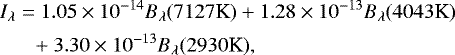 \begin{align*} &I_{\lambda} = 1.05 \times 10^{-14} B_{\lambda} (7127 \textrm{K}) &#x002B; 1.28 \times 10^{-13} B_{\lambda}(4043 \textrm{K}) \nonumber \\ & \quad\,\,\, &#x002B; 3.30 \times 10^{-13} B_{\lambda}(2930 \textrm{K}),\end{align*}