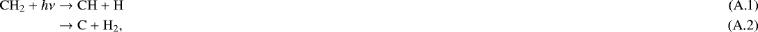 \begin{eqnarray}\rm CH_2 &#x002B; \emph{h$\nu$} & \rightarrow & \rm CH &#x002B; H \\ & \rightarrow & \rm C &#x002B; H_2, \end{eqnarray}