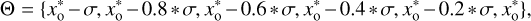 $ \Theta = \{x_\mathrm{o}^{*}-\sigma , x_\mathrm{o}^{*}-0.8*\sigma ,x_\mathrm{o}^{*}-0.6*\sigma ,x_\mathrm{o}^{*}-0.4*\sigma , x_\mathrm{o}^{*}-0.2*\sigma , x_\mathrm{o}^{*} \}, $