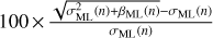 $ 100\times \frac{\sqrt{\sigma ^2_\mathrm{{ML}}(n)+\beta _\mathrm{{ML}} (n)}-\sigma _\mathrm{{ML}}(n)}{\sigma _\mathrm{{ML}}(n)} $