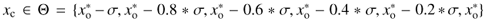 $ x_\mathrm{c}\in \Theta = \{x_\mathrm{o}^{*}-\sigma , x_\mathrm{o}^{*}-0.8*\sigma ,x_\mathrm{o}^{*}-0.6*\sigma ,x_\mathrm{o}^{*}-0.4*\sigma , x_\mathrm{o}^{*}-0.2*\sigma , x_\mathrm{o}^{*} \} $