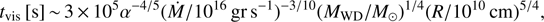 $$ t_\text{vis}{\lbrack\text{s}\rbrack}\sim3\times10^5\alpha^{-4/5}{(\dot M/10^{16}\text{gr s}^{-1})^{-3/10}}{(M_\text{WD}/M_\odot)}^{1/4}{(R/10^{10}\text{cm})}^{5/4}, $$