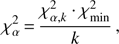 $$ \chi_\alpha^2=\frac{\chi_{\alpha,k}^2\cdot\chi_\min^2}k, $$