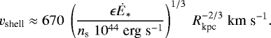 \begin{equation*} v_{\textrm{shell}}\approx 670\; \left(\frac{\epsilon \dot{E}_*}{n_{\textrm{s}} \; 10^{44} \; \textrm{erg}\; \textrm{s}^{-1}}\right)^{1/3}\; R^{-2/3}_{\textrm{kpc}} \; \textrm{km}\; \textrm{s}^{-1}. \end{equation*}