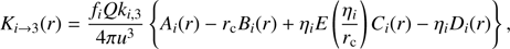 $$ {K_{i \to 3}}(r) = \frac{{{f_i}Q{k_{i,3}}}}{{4\pi {u^3}}}\left\{ {{A_i}(r) - {r_{\rm{c}}}{B_i}(r) + {\eta _i}E\left( {\frac{{{\eta _i}}}{{{r_{\rm{c}}}}}} \right){C_i}(r) - {\eta _i}{D_i}(r)} \right\},$$