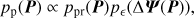 $$ p_\mathrm p{(\boldsymbol P)}\propto p_\text{pr}{(\boldsymbol P)}p_\epsilon{(\mathrm\Delta\boldsymbol\Psi{(\boldsymbol P)})}, $$