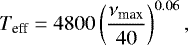 \begin{equation*}T_{\textrm{eff}} = 4800 \left(\frac{\nu_{\textrm{max}}}{40}\right)^{0.06}, \end{equation*}