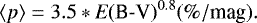 \begin{equation*} \left\langle p \right\rangle = 3.5*\textit{E}\textrm{(B{-}V)}^{0.8} (\%/\textrm{mag}).\end{equation*}