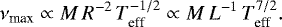 \begin{equation*}\nu_{\mathrm max} \propto M\,R^{-2}\,T_{\mathrm eff}^{-1/2} \propto M\,L^{-1}\,T_{\mathrm eff}^{7/2}. \end{equation*}