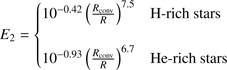$${{\rm{E}}_2} = \left\{ {\begin{array}{lllllllllllllll}{{{10}^{ - 0.42}}{{\left( {\frac{{{R_{{\rm{conv}}}}}}{R}} \right)}^{7.5}}}&{{\rm{H - rich}}\;{\rm{stars}}}\\{}&{}\\{{{10}^{ - 0.93}}{{\left( {\frac{{{R_{{\rm{conv}}}}}}{R}} \right)}^{6.7}}}&{{\rm{He - rich}}\;{\rm{stars}}}\end{array}} \right.$$.