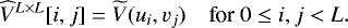 \begin{equation*} \widehat{V}^{L \times L}[i,j] = \widetilde{V}(u_i, v_j) \quad \text{for } 0 \le i,j < L. \end{equation*}
