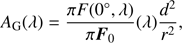 $$ A_\mathrm G{(\lambda)}=\frac{\pi F{(0\circ,\lambda)}}{\pi F_0}{(\lambda)}\frac{d^2}{r^2}, $$