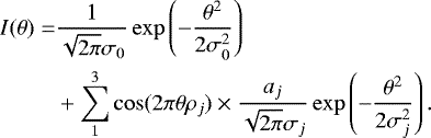 \begin{equation*}\begin{split} I(\theta) = & \frac{1}{\sqrt{2 \pi} \sigma_0} \exp \left( - \frac{\theta^2}{2\sigma_0^2} \right) \\ & &#x002B; \sum_1^3 \cos (2\pi\theta\rho_j) \times \frac{a_j}{\sqrt{2\pi}\sigma_j} \exp \left( -\frac{\theta^2}{2\sigma_j^2} \right).\vspace*{-3pt} \end{split} \end{equation*}