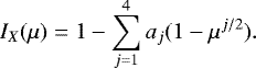 \begin{align*} I_X(\mu) = 1 - \sum_{j=1}^{4}a_j(1-\mu^{j/2}). \nonumber \end{align*}