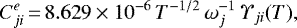 \begin{equation*} C^{e}_{ji}\,{=}\,8.629\times 10^{-6}\,T^{-1/2}\,\omega^{-1}_{j}\, {\Upsilon}_{ji}(T), \end{equation*}