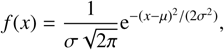 $$ f{(x)}=\frac1{\sigma\sqrt{2\pi}}\mathrm e^{-{(x-\mu)}^2/{(2\sigma^2)}}, $$