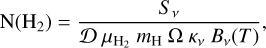 $$ \text{N}{({\text{H}}_2)}=\frac{S_\nu}{D\mu_{{\text{H}}_2}m_\text{H}\mathrm\Omega\kappa_\nu B_\nu{(T)}}, $$