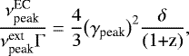 \begin{equation*} \frac{ \nu^{\textrm{EC}}_{\textrm{peak}}}{\nu^{\textrm{ext}}_{\textrm{peak}} \mathrm{\Gamma}}= \frac{4}{3} \big(\gamma_{\textrm{peak}} \big)^2 \frac{\delta}{\textrm{(1&#x002B;z)}},\end{equation*}