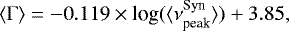 \begin{equation*} \langle \mathrm{\Gamma} \rangle=-0.119 \times {\textrm{log}}( \langle \nu_{\textrm{peak}}^{\textrm{Syn}} \rangle )&#x002B;3.85,\end{equation*}