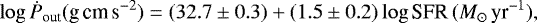 \begin{equation*} \log \dot{P}_{\textrm{out}} (\textrm{g\,cm\,s}^{-2}) = (32.7 \pm 0.3) &#x002B; (1.5 \pm 0.2) \log {\textrm{SFR}}\,(M_{\odot}\, \textrm{yr}^{-1}) ,\end{equation*}