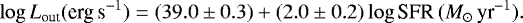 \begin{equation*} \log L_{\textrm{out}} (\textrm{erg\,s}^{-1}) = (39.0 \pm 0.3) &#x002B; (2.0 \pm 0.2) \log {\textrm{SFR}} \,(M_{\odot}\,\textrm{yr}^{-1}) .\end{equation*}