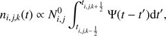 $$ n_{i,j,k}{(t)\propto}N_{i,j}^0\int_{t_{i,j,k-\frac12}}^{t_{i,j,k+\frac12}}\;\mathrm\Psi{(t-t')\mathrm dt}', $$