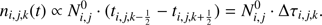 $$ n_{i,j,k}{(t)\propto}\,N_{i,j}^0·{(t_{i,j,k-\frac12}-t_{i,j,k+\frac12})}=N_{i,j}^0·\mathrm\Delta\tau_{i,j,k}. $$