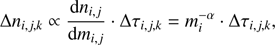 $$ \mathrm\Delta n_{i,j,k}\propto\frac{\mathrm dn_{i,j}}{\mathrm dm_{i,j}}\mathrm\Delta\tau_{i,j,k}=m_i^{-\alpha}·\mathrm\Delta\tau_{i,j,k}, $$