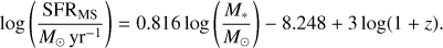 $$ \log{\left(\frac{{\text{SFR}}_\text{MS}}{M_\odot\text{yr}^{-1}}\right)}=0.816\;\log{\left(\frac{M_\ast}{M_\odot}\right)}-8.248+3\;\log{(1+z)}. $$