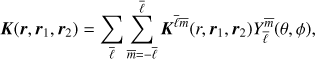 $$ \begin{equation} \boldsymbol K(\boldsymbol r,\boldsymbol r_1,\boldsymbol r_2) = \sum_{\bar \ell} \sum_{\bar{m}=-\bar \ell}^{\bar \ell} \boldsymbol K^{\bar \ell \bar{m}}(r,\boldsymbol r_1,\boldsymbol r_2) Y_{\bar \ell}^{\bar{m}}(\theta,\phi), \end{equation} $$