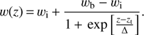 $$ w{(z)}=w_\text{i}+\frac{w_\text{b}-w_\text{i}}{1+exp{\lbrack\frac{z-z_\text{t}}{\mathrm\Delta}\rbrack}}. $$