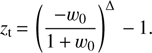 $$ z_\text{t}={(\frac{-w_0}{1+w_0})}^\mathrm\Delta-1. $$