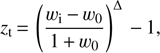 $$ z_\text{t}={\left(\frac{w_\text{i}-w_0}{1+w_0}\right)}^\mathrm\Delta-1, $$