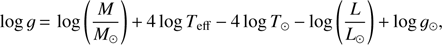 $$ logg=log{\left(\frac M{M_\odot}\right)+4logT_\text{eff}-4logT_\odot-log}{\left(\frac L{L_\odot}\right)}+logg_\odot, $$