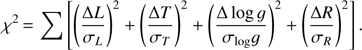$$ \chi^2=\mathrm\Sigma{\left[{\left(\frac{\mathrm\Delta L}{\sigma_L}\right)^2}+\left(\frac{\mathrm\Delta T}{\sigma_T}\right)^2+\left(\frac{\mathrm\Delta logg}{\sigma_{logg}}\right)^2+\left(\frac{\mathrm\Delta R}{\sigma_R}\right)^2\right]}. $$