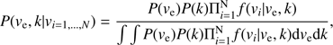 $$ P{(v_\mathrm e,k\vert v_{i=1,\dots,N})}=\frac{P{(v_\mathrm e)}P{(k)}\mathrm\Pi_{i=1}^Nf{(v_i\vert v_\mathrm e,k)}}{\int\int P{(v_\mathrm e)}P{(k)}\mathrm\Pi_{i=1}^Nf{(v_i\vert v_\mathrm e,k)\mathrm dv_\mathrm e}\mathrm dk}, $$
