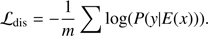 $$ {\mathcal L}_\text{dis}=-\frac1m\mathrm\Sigma\;\log{(P{({y\vert}E{(x)})})}. $$