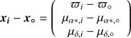 $$ {\boldsymbol x}_i-{\boldsymbol x}_\mathrm o={\left(\begin{array}{c}\varpi_i-\varpi_\mathrm o\\\mu_{\alpha\ast,i-}\mu_{\alpha\ast,\mathrm o}\\\mu_{\delta,i}-\mu_{\delta,\mathrm o}\end{array}\right)} $$