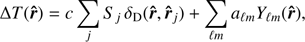 $$ \mathrm\Delta T{(\widehat{\boldsymbol r})}=c\;\underset j{\mathrm\Sigma}\;S_j\;\delta_\mathrm D\;{(\widehat{\boldsymbol r},{\widehat{\boldsymbol r}}_j)}+\underset{\mathcal lm}{\mathrm\Sigma}\;a_{\mathcal lm}\;Y_{\mathcal lm}{(\widehat{\boldsymbol r})}, $$