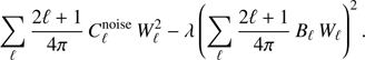 $$ \begin{eqnarray} \sum_{\ell} \frac{2 \ell +1}{4\pi} \, C^{\rm noise}_{\ell} \, W^2_{\ell} - \lambda \left(\sum_{\ell} \frac{2 \ell +1}{4\pi} \, B_{\ell} \, W_{\ell} \right)^2. \end{eqnarray} $$