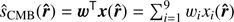 $ {\widehat s}_\text{CMB}{(\widehat{\boldsymbol r})}=\boldsymbol w^\mathrm T\boldsymbol x{(\widehat{\boldsymbol r})}=\sum_{i=1}^9w_ix_i{(\widehat{\boldsymbol r})} $