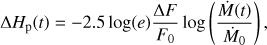 $ \begin{aligned} \Delta H_\text{p}(t)=-2.5\log ({e}) \frac{\Delta F}{F_0} \log \left(\frac{\dot{M}(t)}{\dot{M}_0}\right), \end{aligned} $